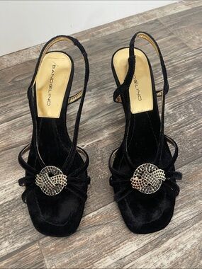 Vintage Bandolino black velvet rhinestone embellished slingback heels SZ 8